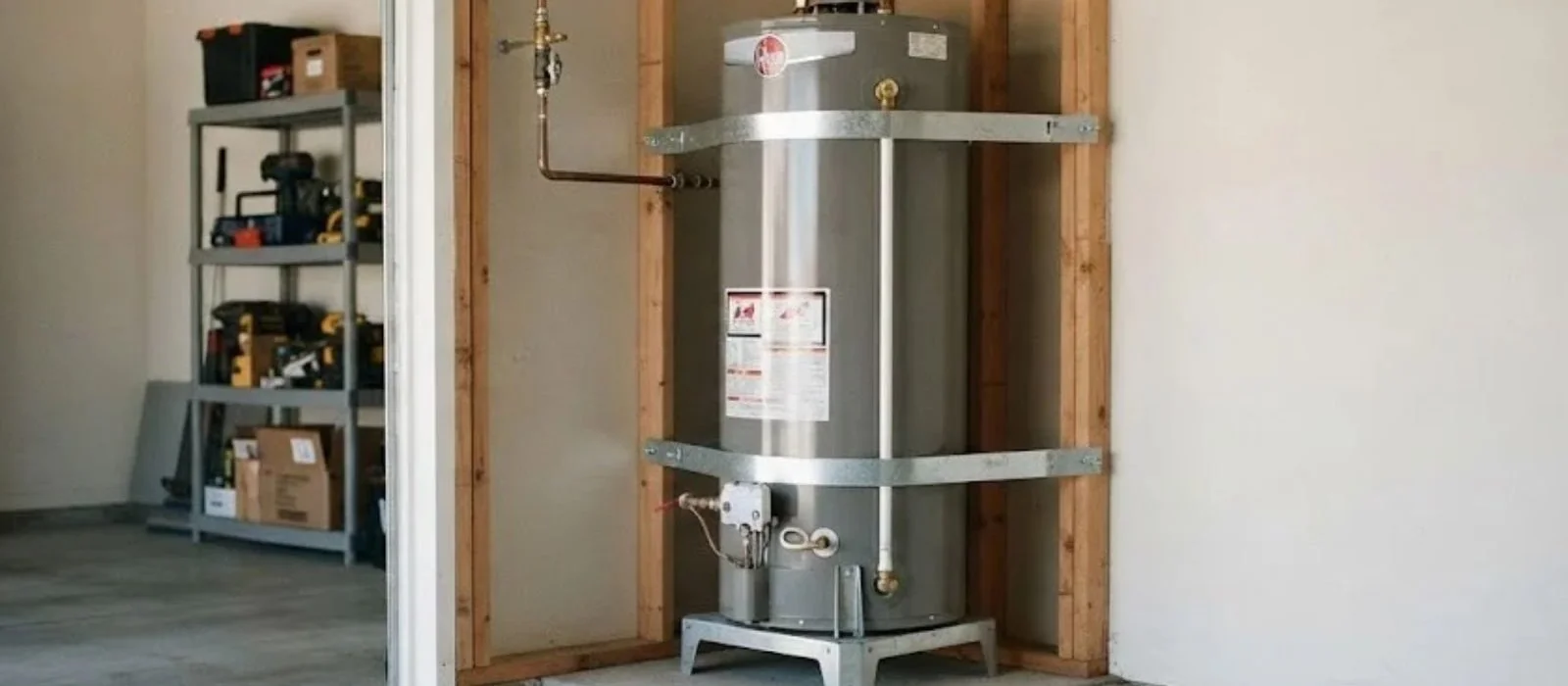 Gas tank water heater strapped to a framed wall during installation in a Pennsauken, NJ garage