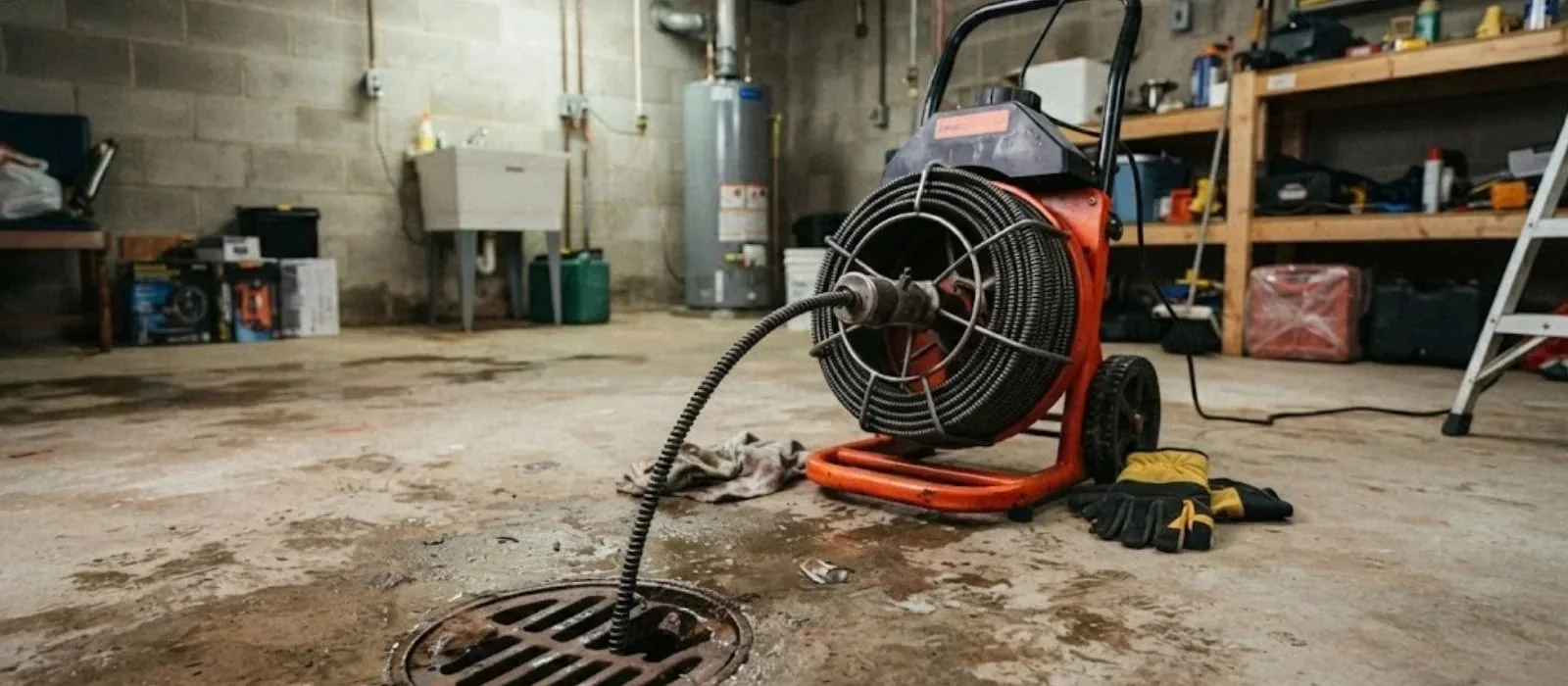 Drain machine and cable set at a basement floor drain in a Pennsauken, NJ home