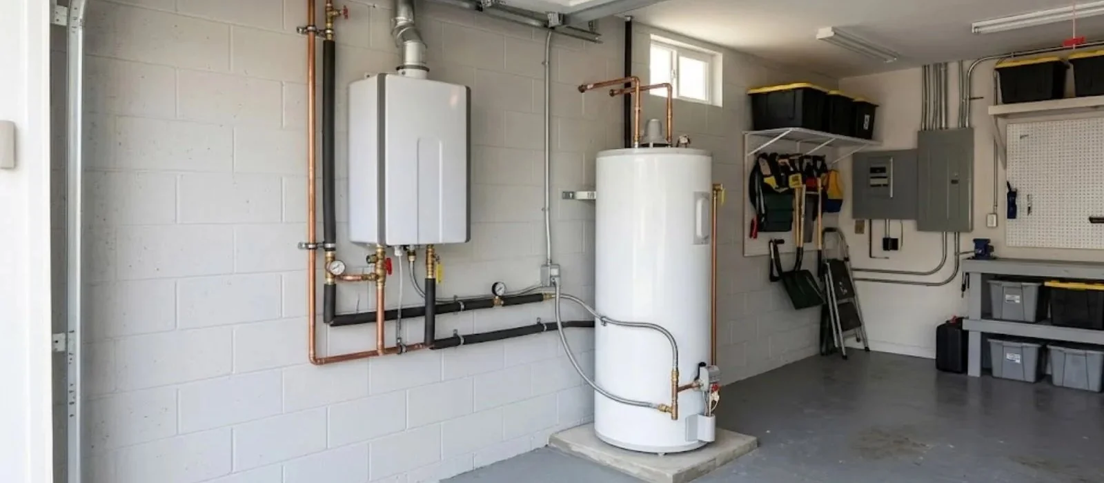 Wall-mounted tankless water heater next to a tank unit in a Pennsauken, NJ garage