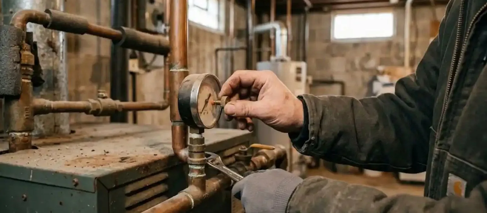 Hand adjusting a pressure gauge on a boiler in a Pennsauken, NJ basement