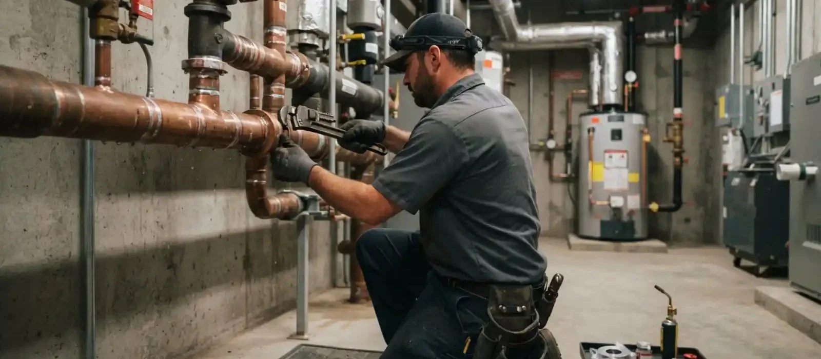 Plumber working on copper piping in a commercial mechanical room in Pennsauken, NJ