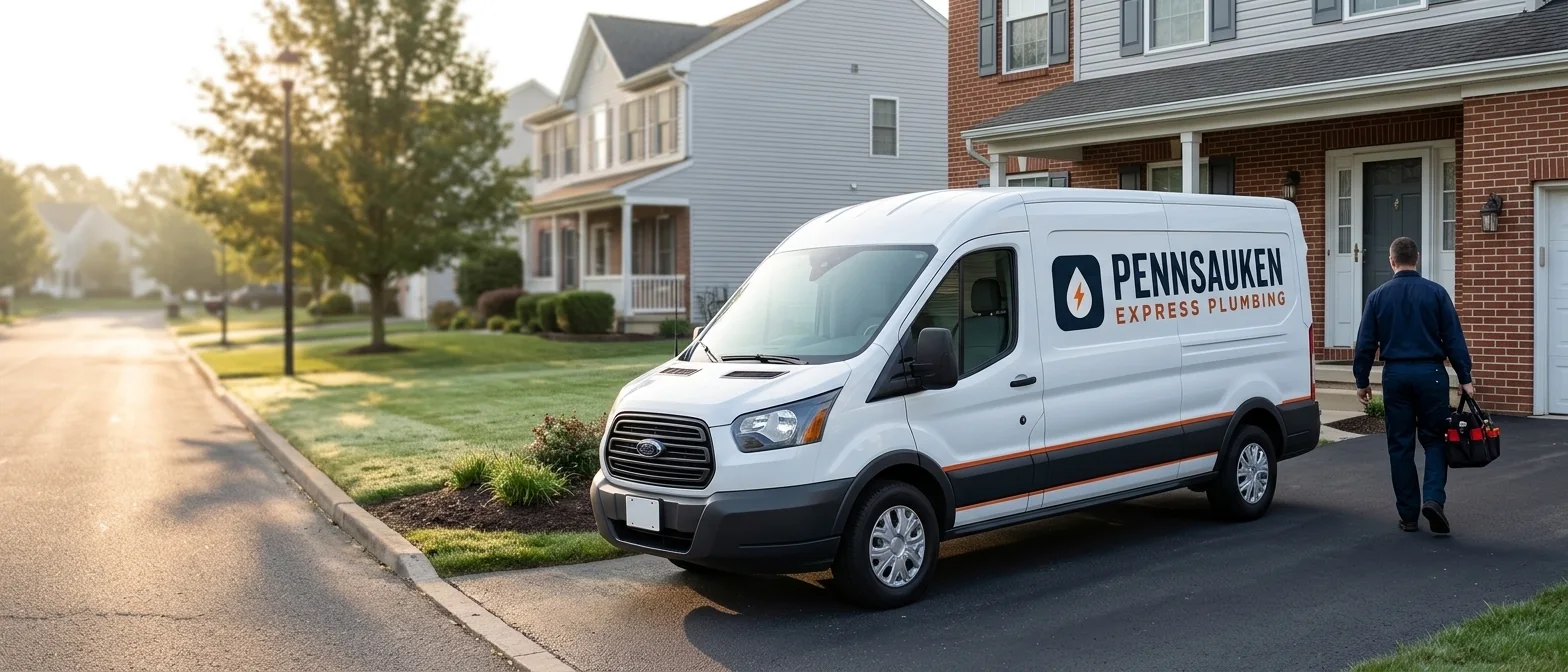 Pennsauken Express Plumbing van in a driveway as a plumber with a tool bag walks to the front door