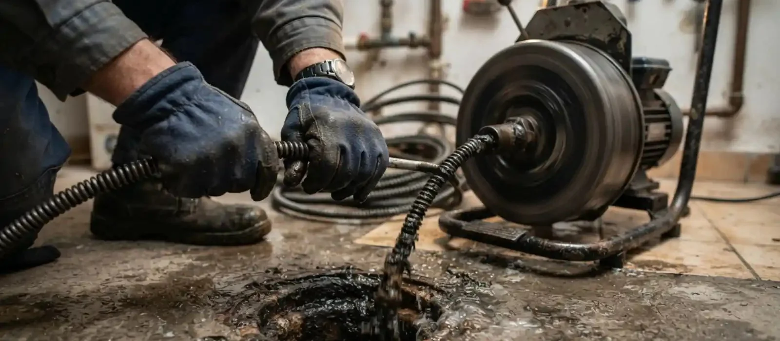 Gloved hands feeding a drain machine cable into a floor drain for sewer line cleaning in Pennsauken, NJ