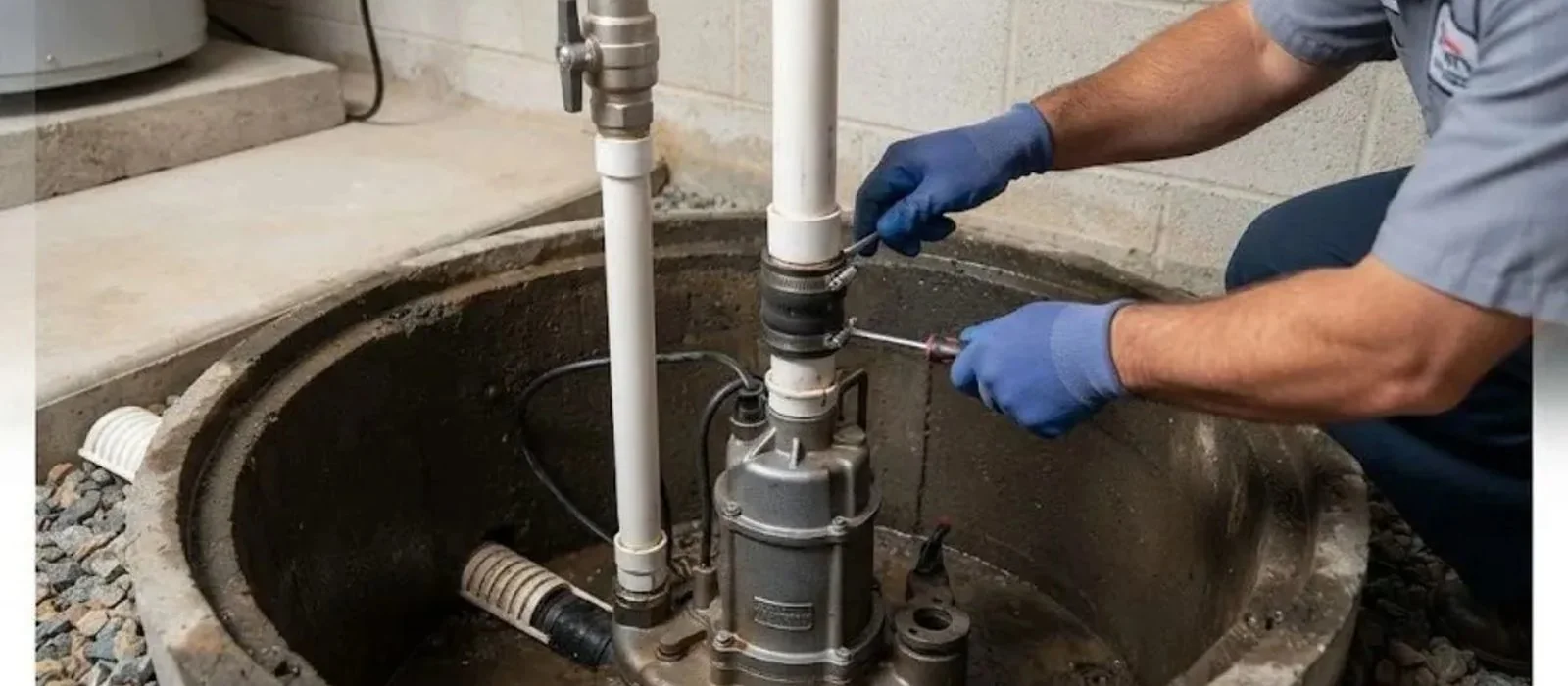 Plumber installing a pump and discharge pipe in a basement sump pit in Pennsauken, NJ