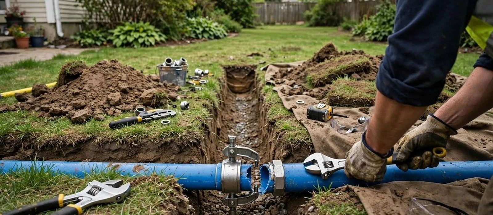 Hands connecting a blue water service line in an open yard trench in Pennsauken, NJ
